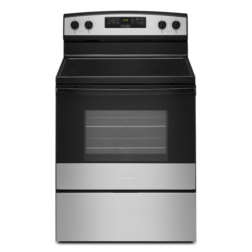 Amana Brand New Model - AER6303MMS 30-inch Electric Range with 4.8 Cu ft oven. - assembled product Depth: 27.5 - assembled product height: 46.08 - assembled product Width: 30