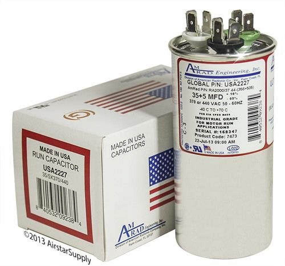 American Standard 45+10 Uf Dual Run Capacitor - 370/440 VAC Round Universal Replacement, Made In USA