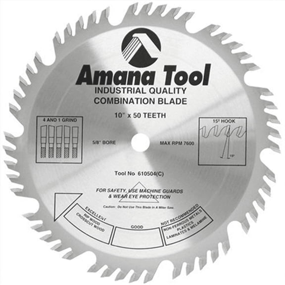 Amana Tool - (610504) Carbide Tipped Combination Ripping & Crosscut 10" Dia x 50T 4+1, 15 Deg, 5/8 Bore