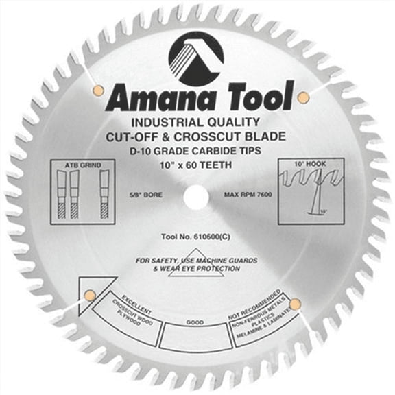 Amana Tool 610600 Cut-Off and Crosscut 10-Inch x 60 Tooth ATB 5/8-Inch Bore Saw Blade