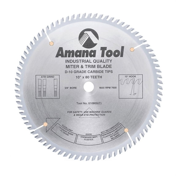 Amana Tool 610800 Carbide Tipped Trim 10 Inch D x 80T ATB 10 Deg 5/8 Bore Circular Saw Blade
