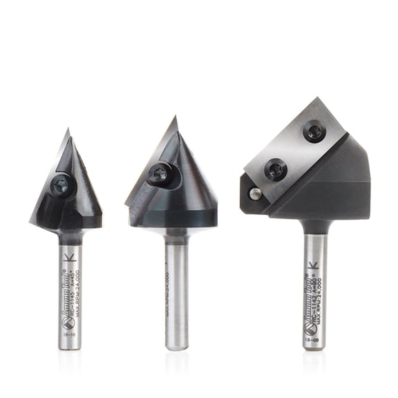 Amana Tool AMS-153 3-Pc 3D CNC Signmaking Lettering & Engraving Insert SC 45 60 & 90 Deg x 1/4 SHK V-Groove Router Bit Pack