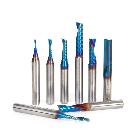 Amana Tool AMS-165-K 8-Pc CNC Spektra Extreme Tool Life Coated Plastic Cutting Solid Carbide Spiral O Flute 1/4 SHK Router Bit Collection