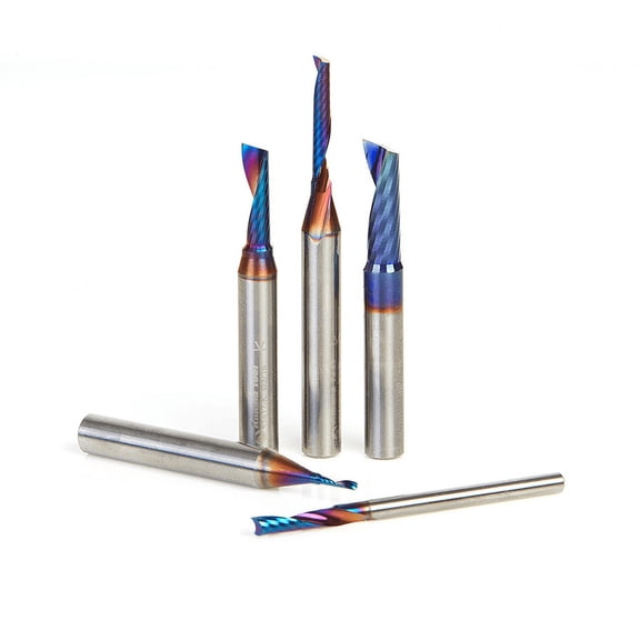 Amana Tool AMS-166-K 5-Pc CNC Spektra Extreme Tool Life Coated Plastic Cutting Solid Carbide Spiral O Flute 1/4 SHK Up-Cut Router Bit Collection
