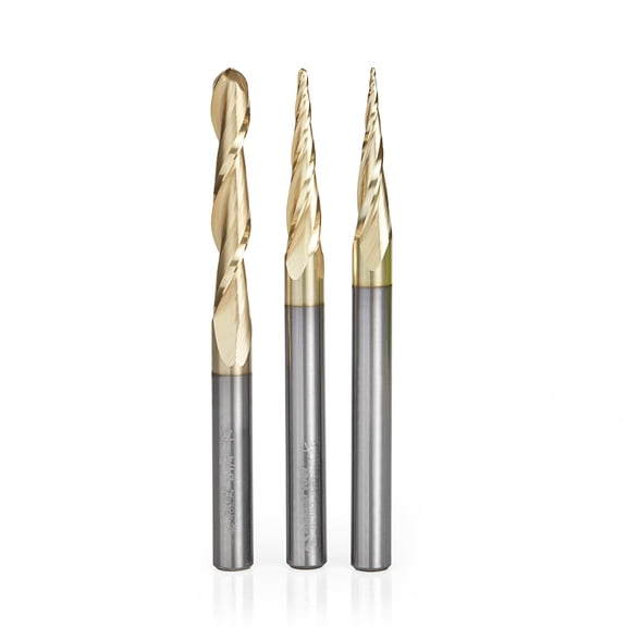 Amana Tool AMS-185 3-Pc CNC 2D and 3D Carving Ball Nose ZrN Coated SC 1/4 Inch SHK Router Bit Collection Includes 46280 (1/32) 46282 (1/16) & 46294 (1/4 D.)