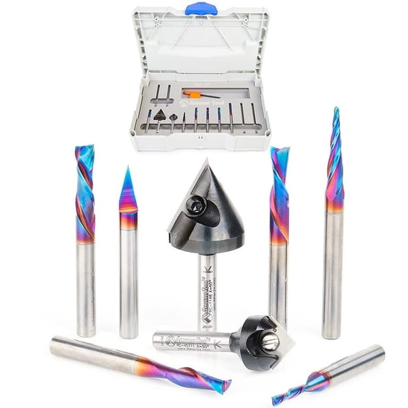 Amana Tool AMS-257 8-Pc General Purpose CNC Router Bit Set Packed in Stackable Plastic Case, 1/4 Inch Shank