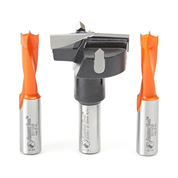Amana Tool HBM-102 3-Pc Hinge Boring 57 Long x 10mm SHK Carbide Tipped Bit Set Includes Two #301008 (8mm D) and One #203351 (35mm D).