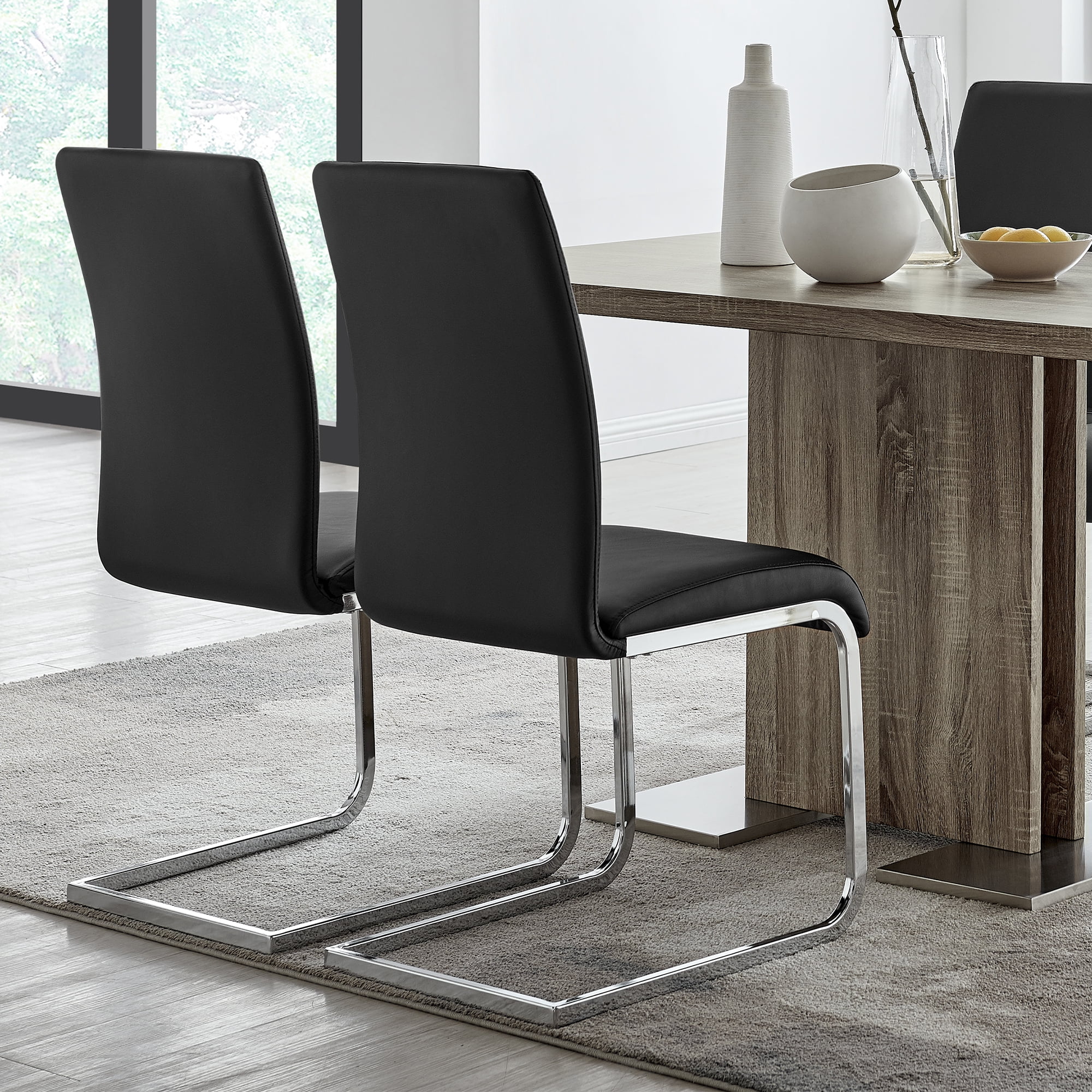 Amanda Contemporary Side Chair in Black Faux Leather and Chrome Finish - Set of 2