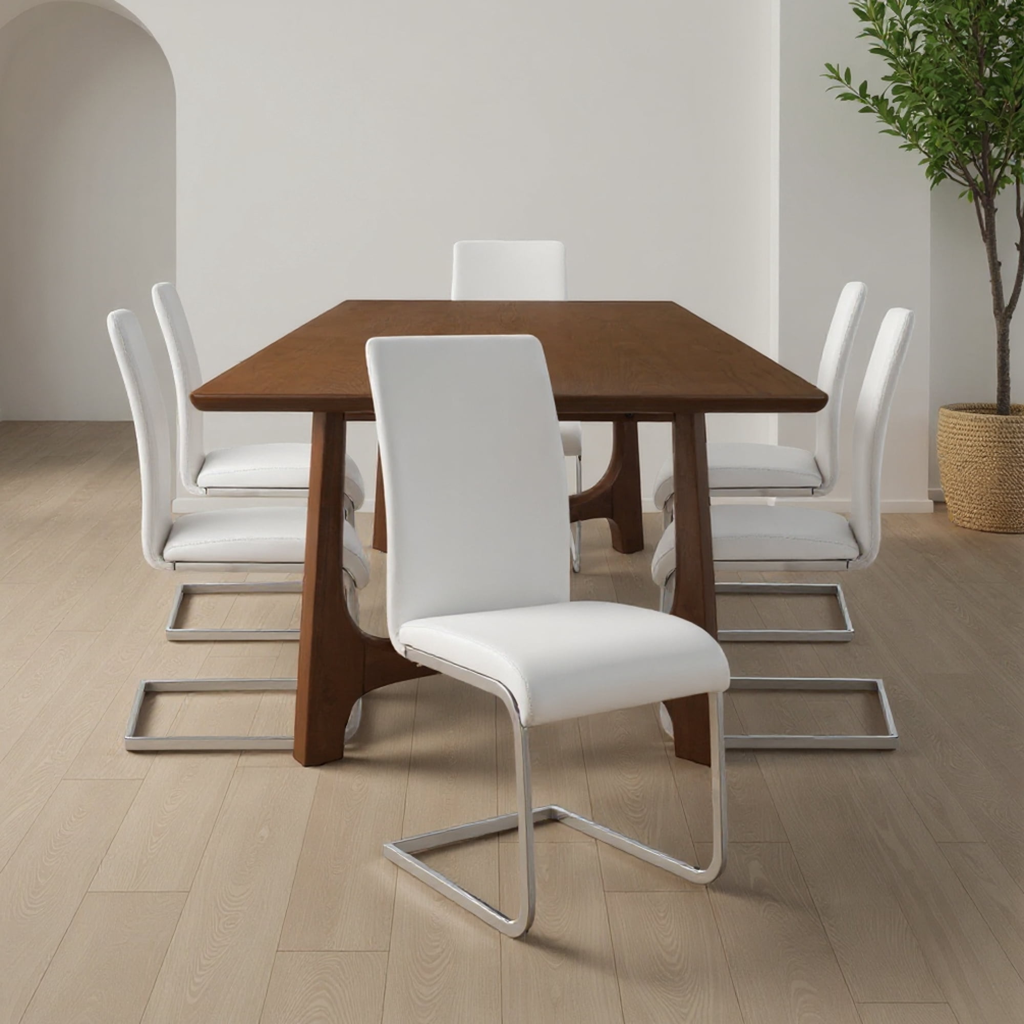 Amanda Contemporary Side Chair in White Faux Leather and Chrome Finish - Set of 6