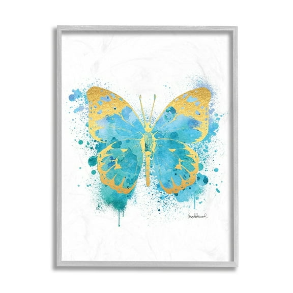 Stupell Industries Abstract Butterfly Turquoise Blue Paint Splatter Gray Framed by Amanda Greenwood