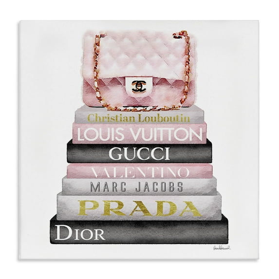 Amanda Greenwood High Fashion Bookstack Padded Pink Bag 24.00" x 24.00" Painting Canvas Art Print, by Stupell Home Décor