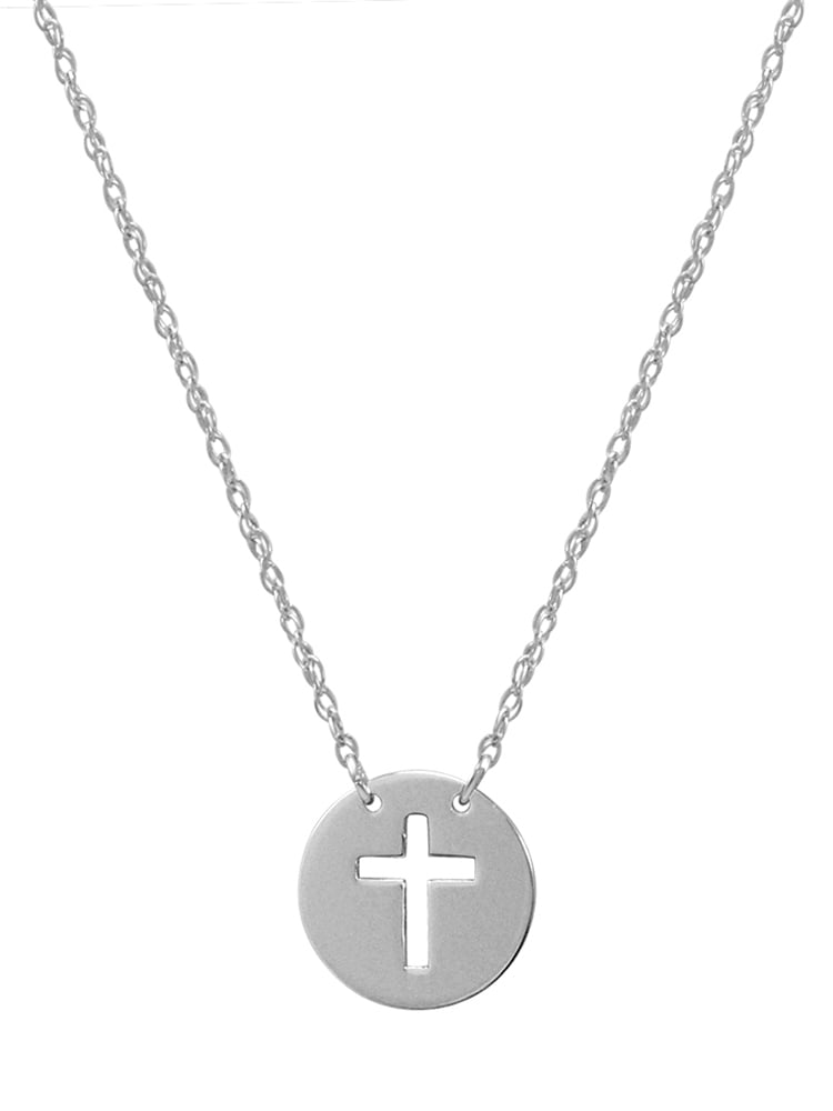 Amanda Rose 14k White Gold Cross Disc Necklace on an Adjustable 16-18 in. C 