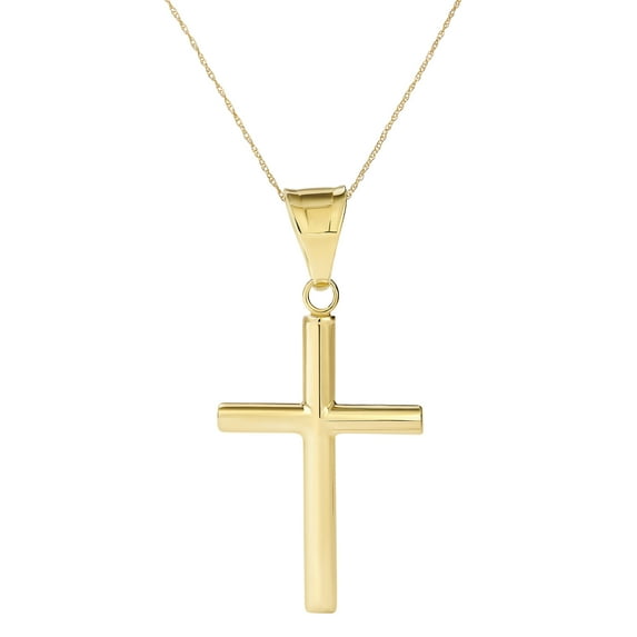 High-Polish Round Tube Cross Pendant for Women in 10K Yellow Gold on a Matching Gold Chain, Adjustable 18-20 inches | Solid Gold, Stamped for Authenticity