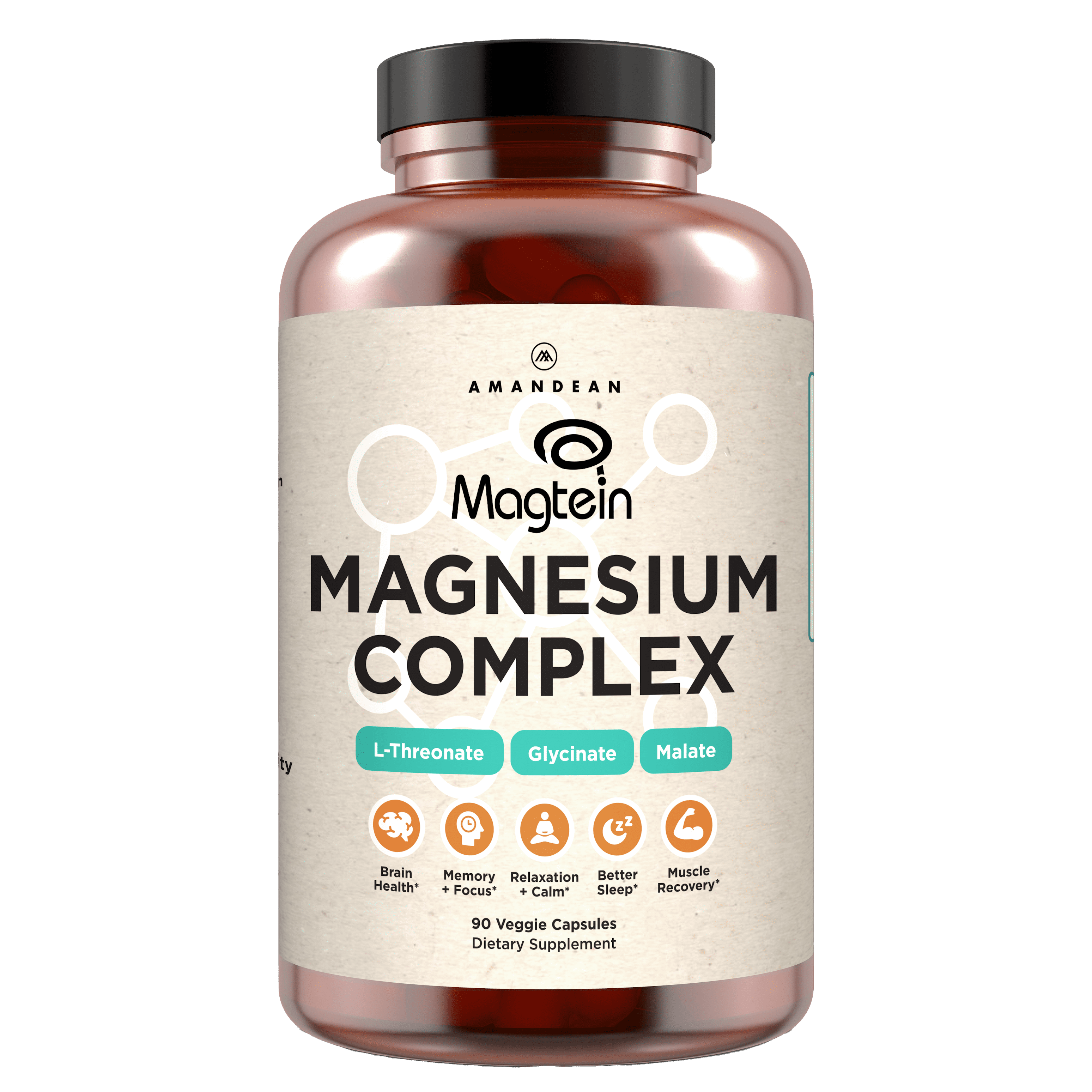 Amandean Magnesium L-Threonate Complex. Threonate, Glycinate, Malate Supplement. 90 Veggie Capsules. High Absorption Magtein + Bisglycinate Chelate + DiMagnesium Malate. Brain Health, Sleep, Calm