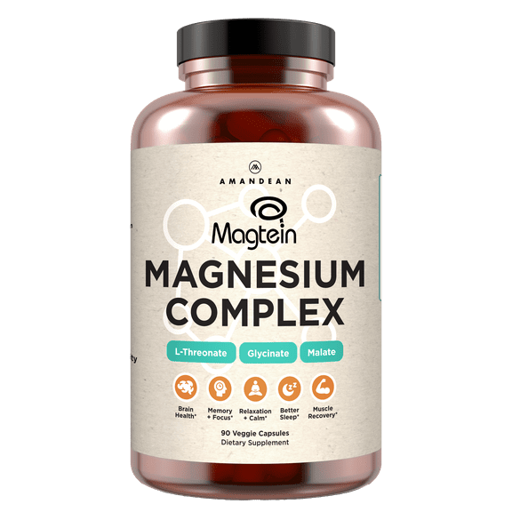 Amandean Magnesium L-Threonate Complex. Threonate, Glycinate, Malate Supplement. 90 Veggie Capsules. High Absorption Magtein + Bisglycinate Chelate + DiMagnesium Malate. Brain Health, Sleep, Calm