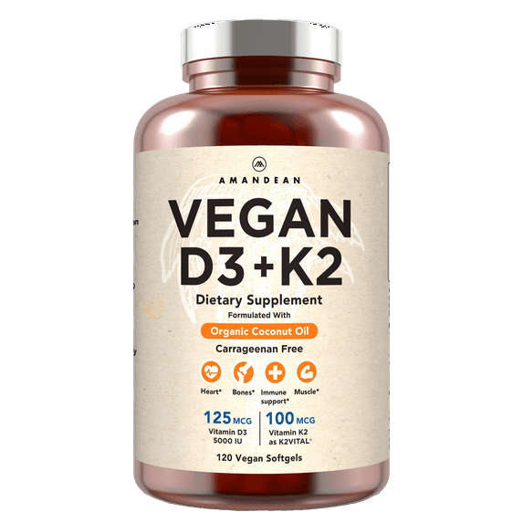 Amandean Vegan D3 K2. Vitamin D3 5000 iu from Algae. All-Trans MK-7 K2. 120 Softgels. Plant-Based & Carrageenan Free. Organic Coconut Oil Blend. Vit D + K for Mood, Bones, Heart, Immune Health.