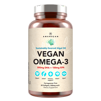 Amandean Vegan Omega-3 Supplement. Fish Oil Alternative! Plant Based DHA & EPA Algal Oil. 60 Capsules. Joint, Heart, Skin, Brain, Eye