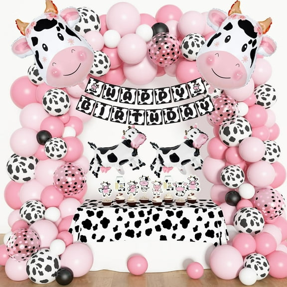 Amandir 115PCS Pink Cow Party Decorations RST1 - Balloon Arch Kit with Cow Print Balloons, Happy Birthday Banner, Cake Topper for Girl Baby Shower, Farm Animals Themed Birthday Party Supplies
