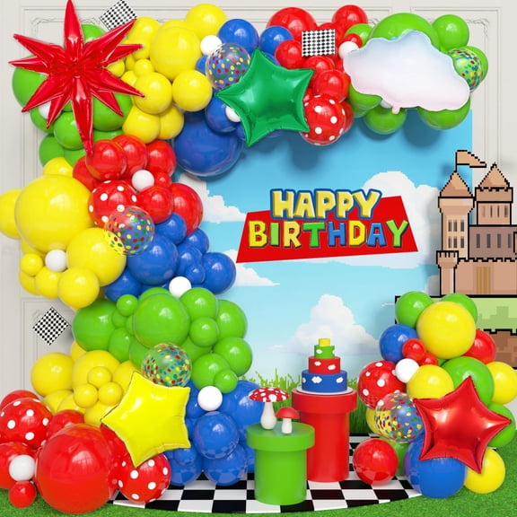 Amandir 151Pcs Red Blue Green Yellow KKS1Balloons Arch Kit, Foil Cloud Star Colorful Confetti Balloon for Kids Cartoon Video Game Birthday Decorations Baby Shower Carnival Circus Party Supplies