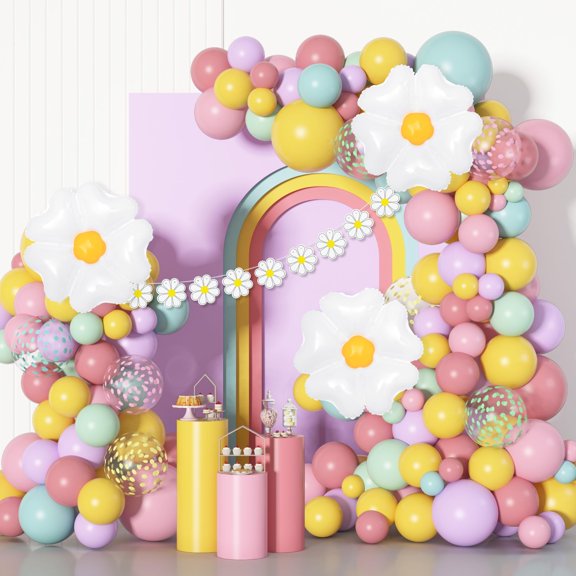 Amandir 159Pcs Daisy Balloon Garland Arch KKS1Kit, Groovy Pastel Balloon Arch Pink Yellow Blue Green Purple Balloons Daisy Banner for Mother Day Decorations Birthday Baby Shower Bridal Wedding