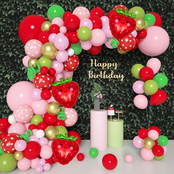 Amandir 162Pcs Strawberry Birthday Party Decorations KKS1Strawberry Balloons Garland Arch Kit Berry First Birthday Party Supplies for Girls Baby Shower Summer Fruit Party Decor