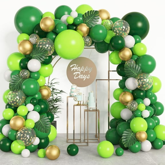 Amandir 163Pcs Jungle Party Balloons Garland KKS1Arch Kit, Green Balloons with Artificial Tropical Palm Leaves for Dinosaur Safari Decorations Wild One Birthday St Patricks Day Party Supplies