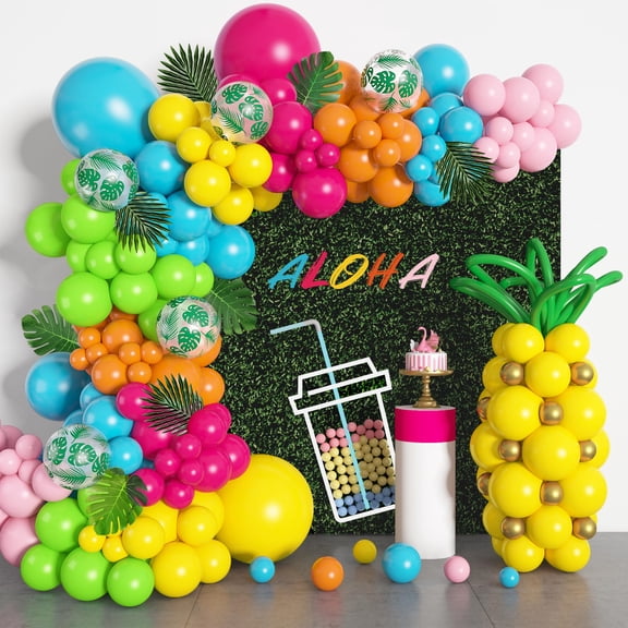 Amandir 165Pcs Tropical Balloon Arch Garland KKS1Kit, Hawaiian Aloha Summer Party Decorations Hot Pink Orange Yellow Blue Green Pineapple Balloons Palm Leaves Birthday Flamingo Beach Supplies