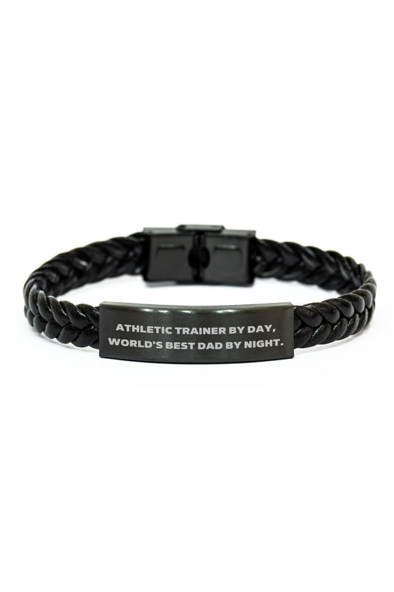 Athletic Trainer By Day, World's Best Dad By Night, Braided Leather Bracelet for Graduation, Funny Quote, Athletic Trainer Gifts from Men to Women