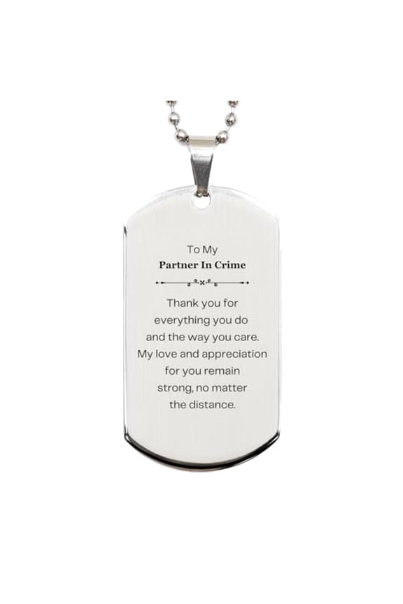 Partner In Crime Silver Dog Tag Engraved Thank You Gifts for Birthday, Christmas, and Graduation - Unique Appreciation Jewelry for Partner in Crime
