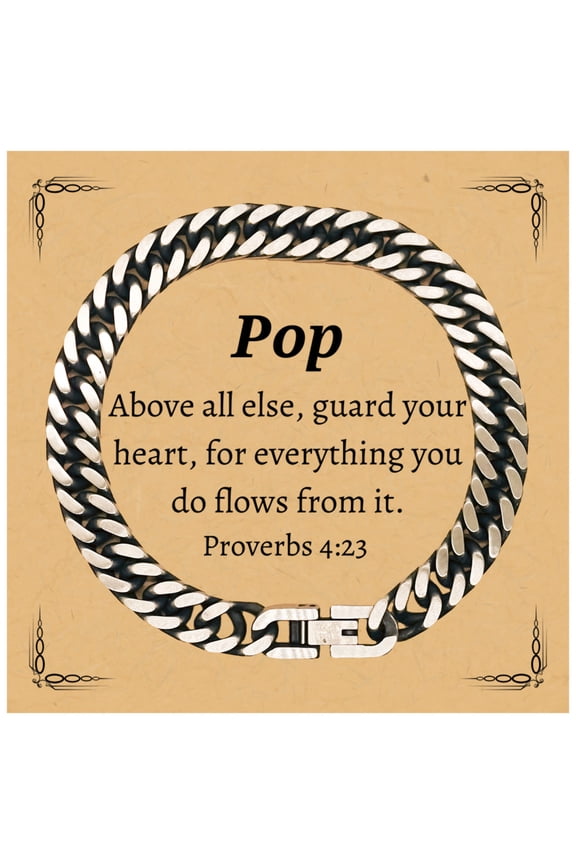 Pop Engraved Cuban Link Chain Bracelet - Inspirational Gift for Christmas, Birthday, and Graduation - Above all else, guard your heart, Proverbs 4:23 - Confidence, Hope, Pop