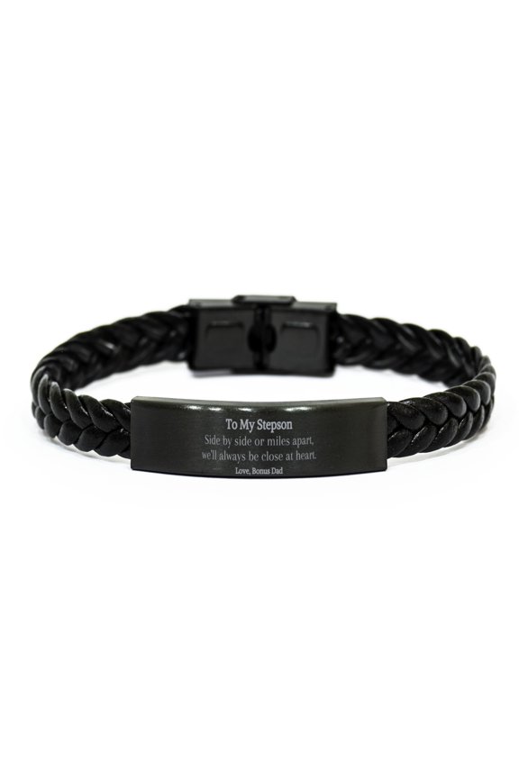 Stepson Braided Leather Bracelet - Always Close at Heart Bonus Dad Engraved Gift for Birthday or Christmas