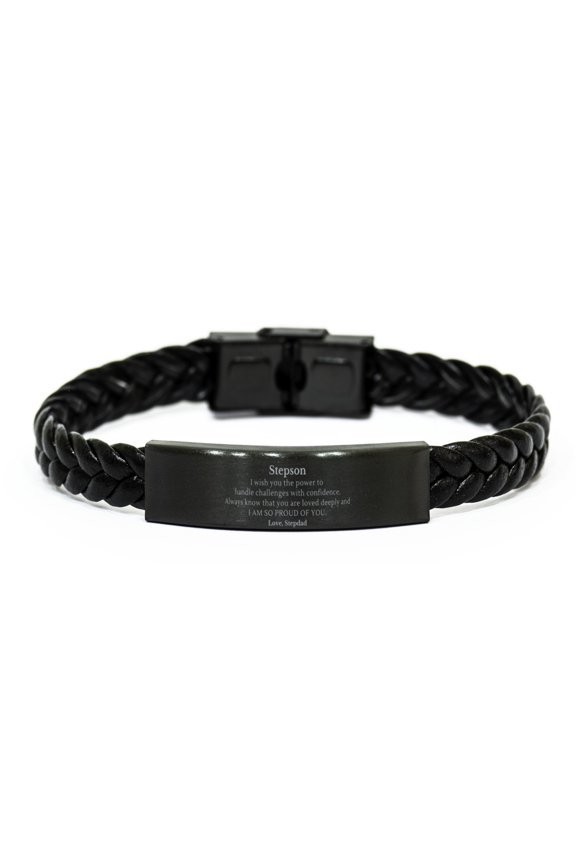 Stepson Inspirational Braided Leather Bracelet - Handle Challenges with Confidence, Gift for Stepson on Birthday, Christmas, Graduation - Stepdads Love and Pride