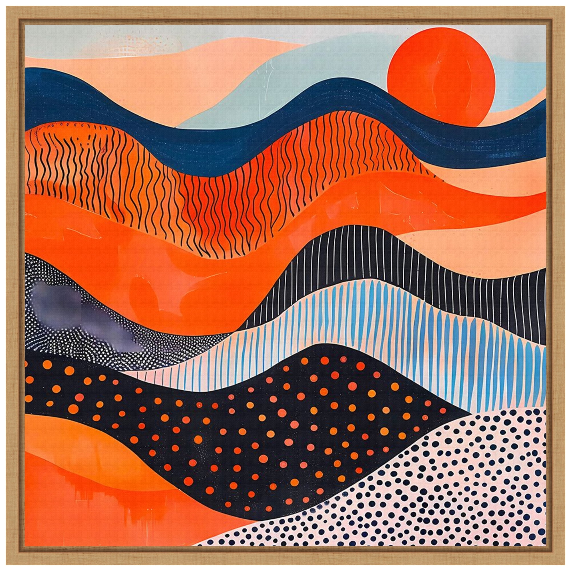 Abyss Abstract Orange and Blue Canvas Print with Maple Frame