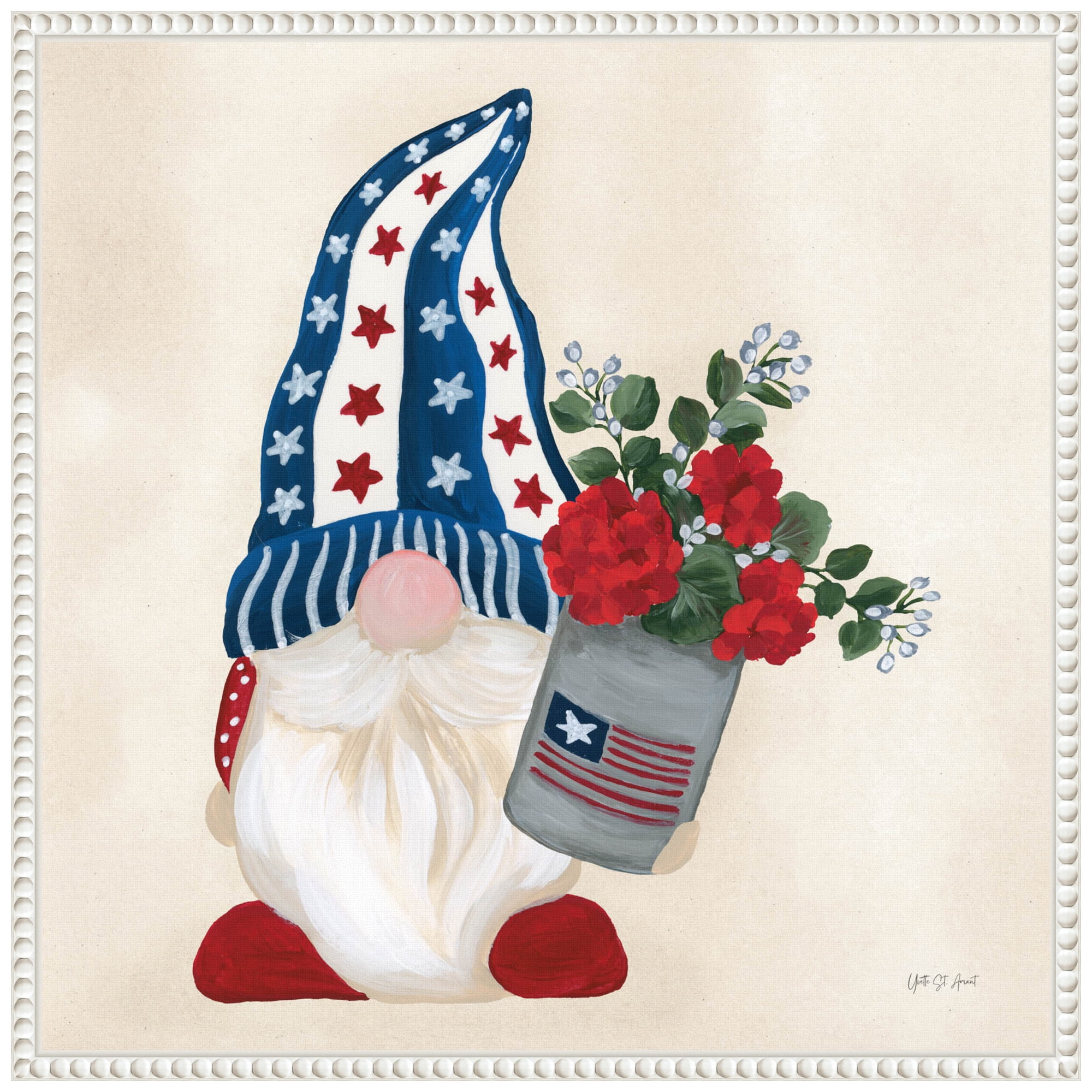 Patriotic Gnome with Red Flowers Canvas Art Print in White Frame