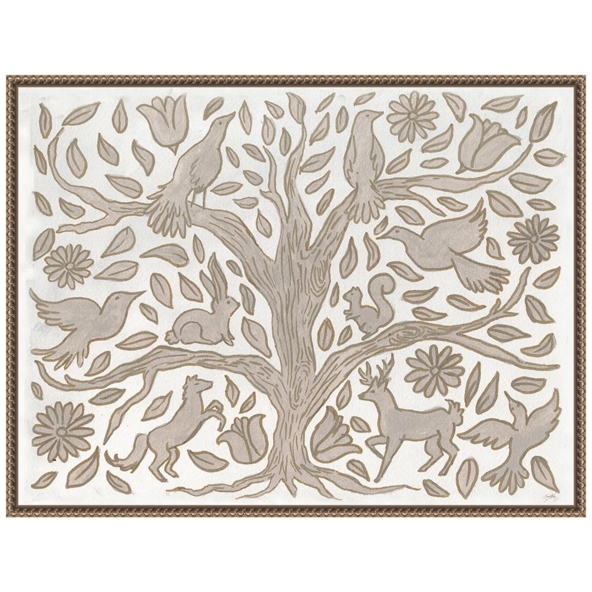 Neutral Grey Animal Tree Canvas Wall Art with Beaded Frame