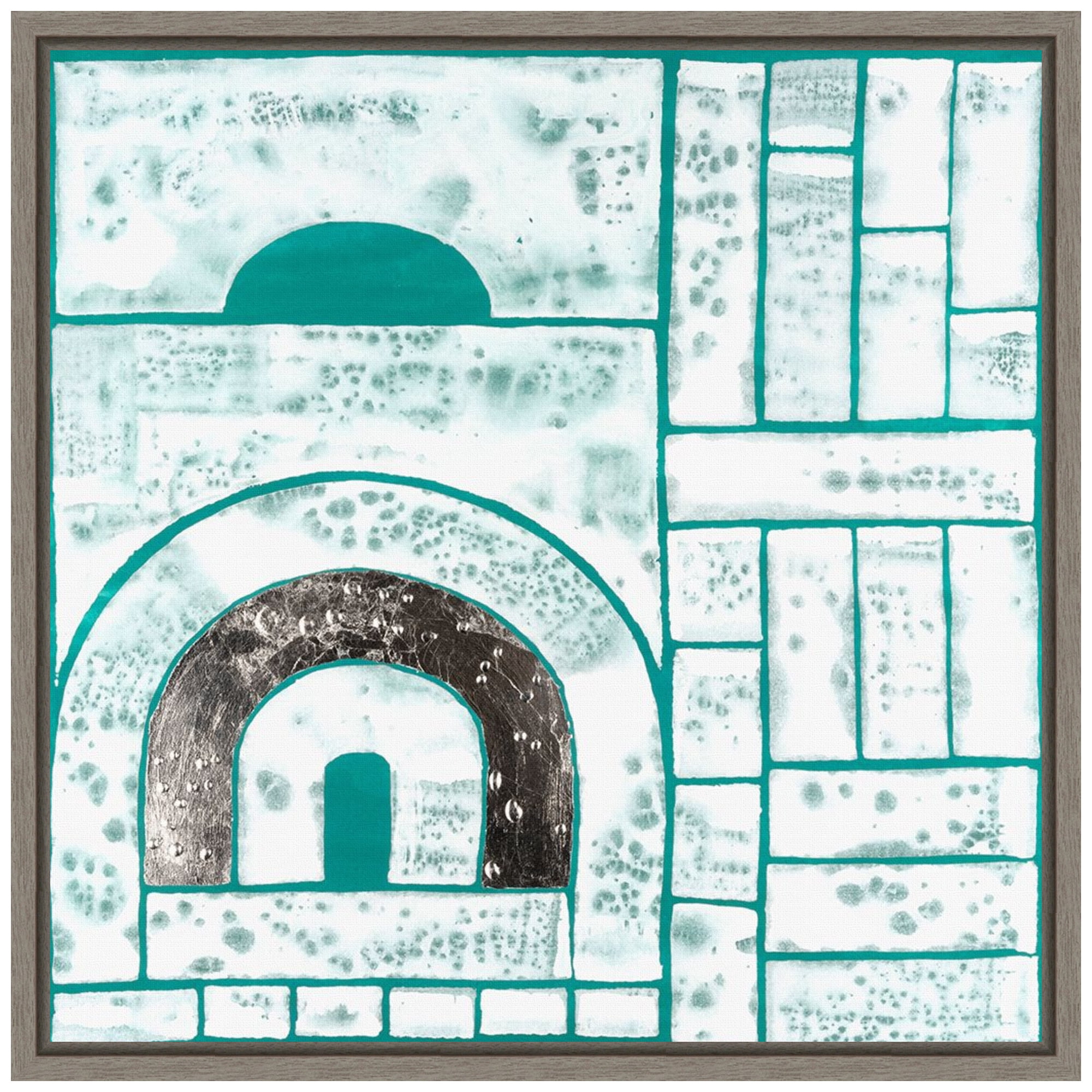 Beryl Motif II Teal and White Abstract Canvas Art with Greywash Frame