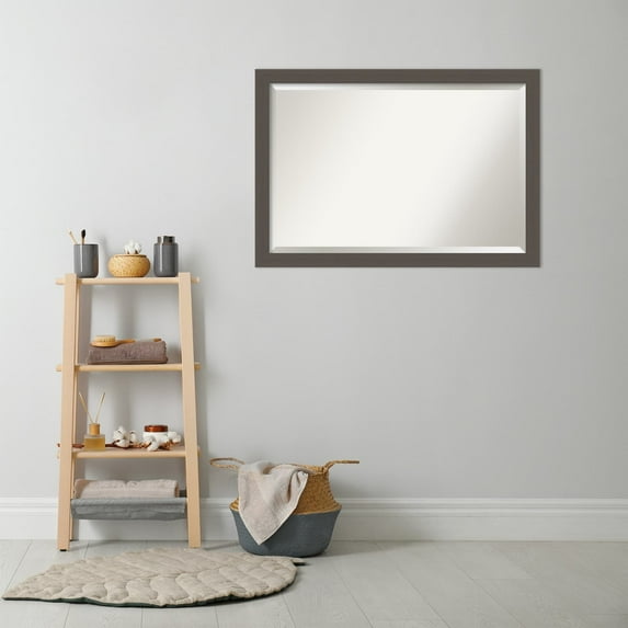 Amanti Art Beveled Bathroom Wall Mirror - Brushed Pewter Frame - Brushed Pewter Outer Size: 40 x 28 in