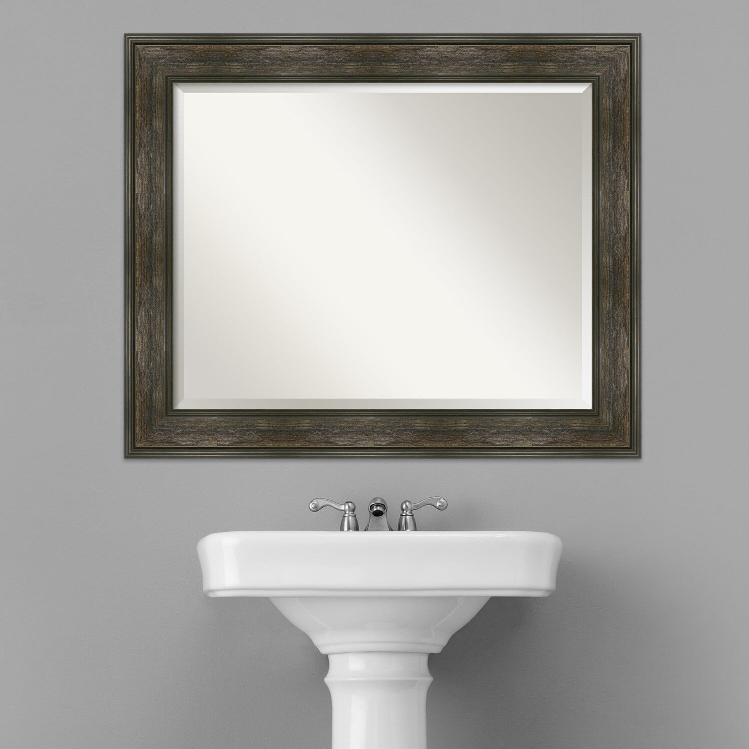 Rail Rustic Char Rectangular Bronze and Silver Bathroom Mirror 34 x 28 in