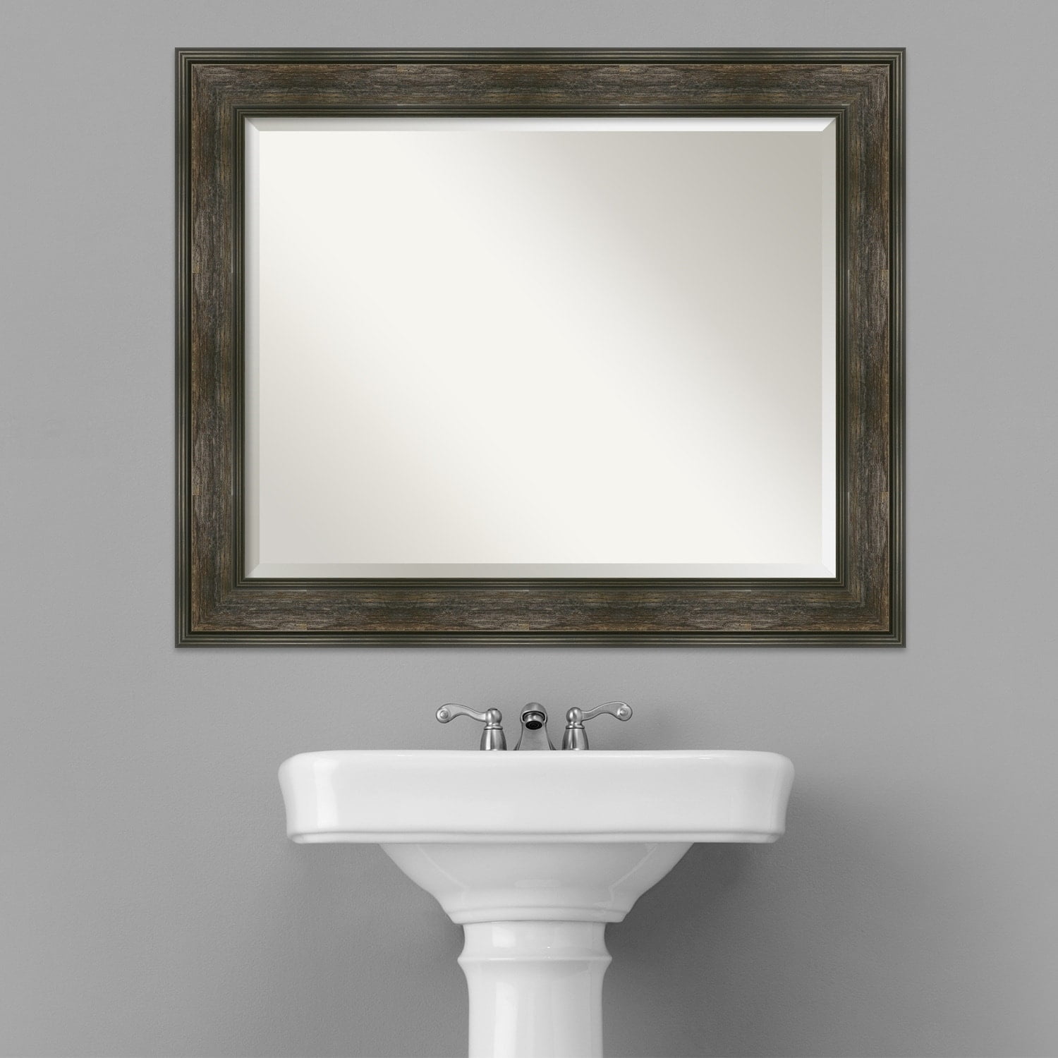 Rail Rustic Char Rectangular Bronze and Silver Bathroom Mirror 34 x 28 in