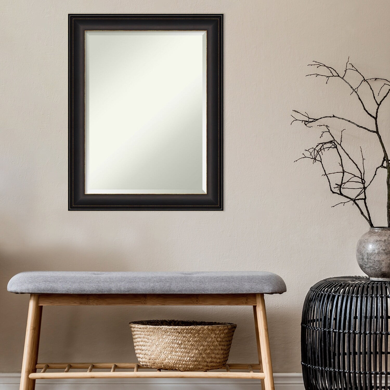 Dark Wood and Bronze Rectangular Wall Bath Mirror