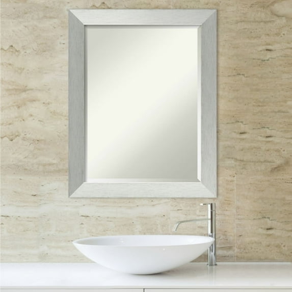 Amanti Art Beveled Wood Bathroom Wall Mirror - Brushed Sterling Silver Frame Outer Size: 22 x 28 in