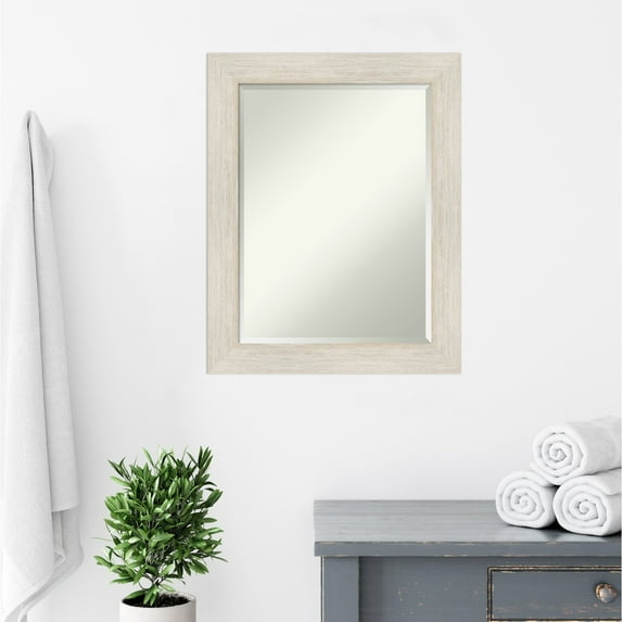 Amanti Art Beveled Wood Bathroom Wall Mirror - Hardwood Whitewash Frame - Hardwood White Wash Outer Size: 23 x 29 in