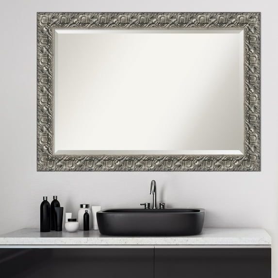 Amanti Art Beveled Wood Bathroom Wall Mirror - Silver Luxor Frame - Outer Size: 42 x 30 in