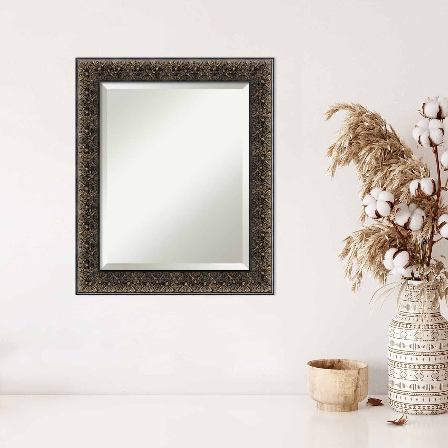 Antique Black and Gold Beveled Wood Wall Mirror