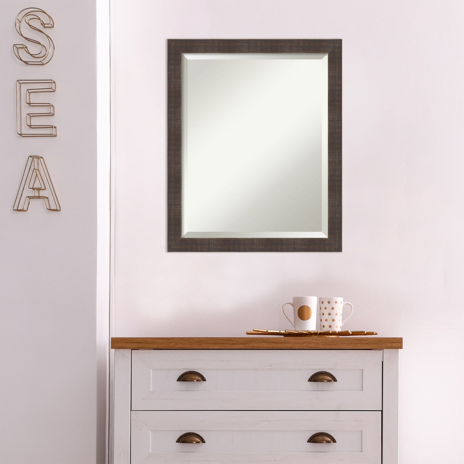 Whiskey Brown Rustic Wood Beveled Bathroom Vanity Mirror