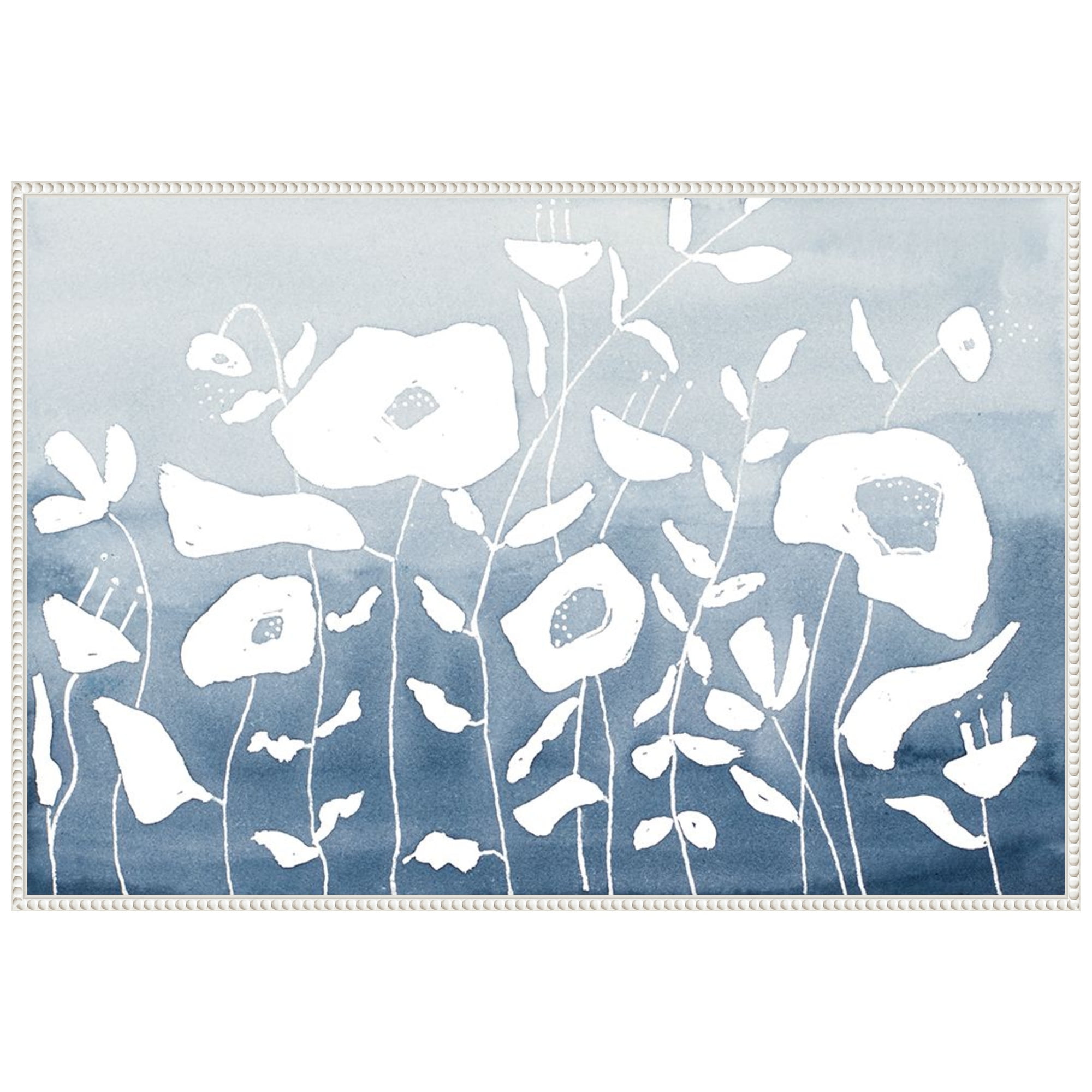 Blue and White Floral Garden Beaded Framed Canvas Wall Art