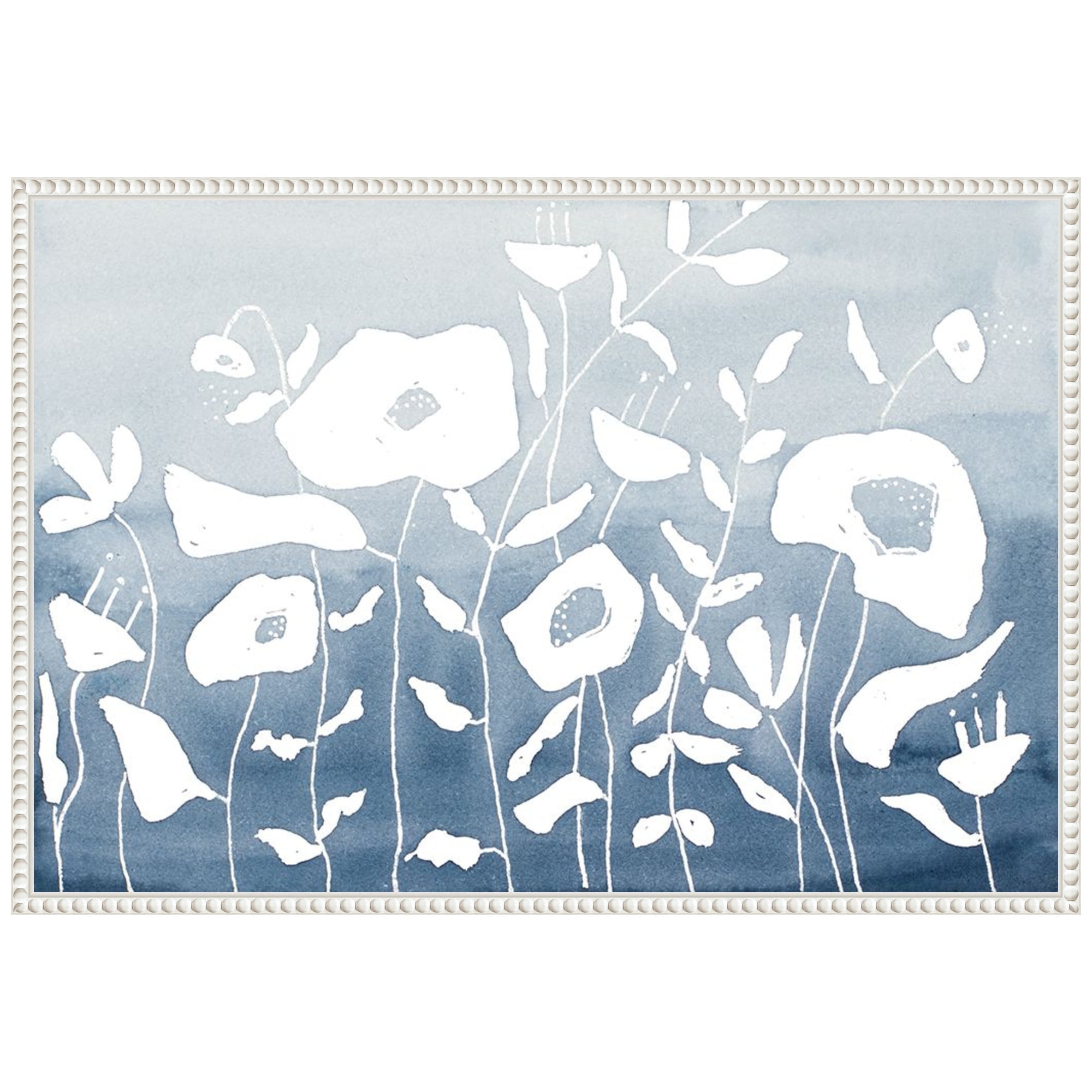 Blue and White Floral Garden Beaded Framed Canvas Wall Art