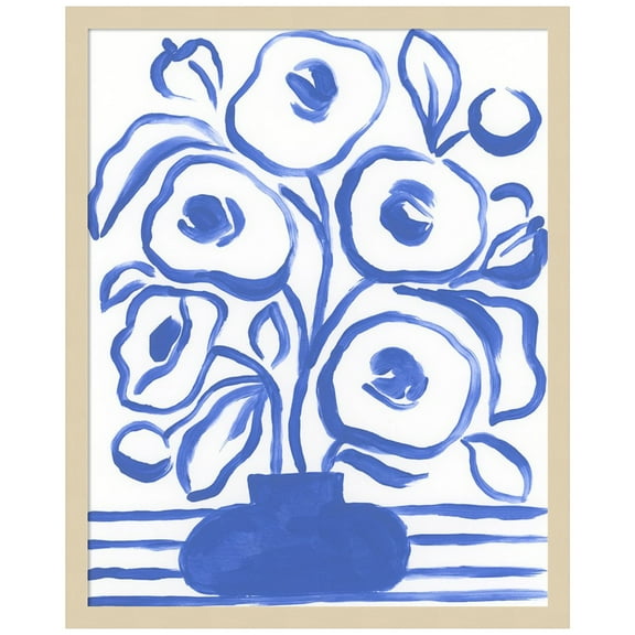 Amanti Art Blue Brush Flowers I Wood Framed Wall Art Print