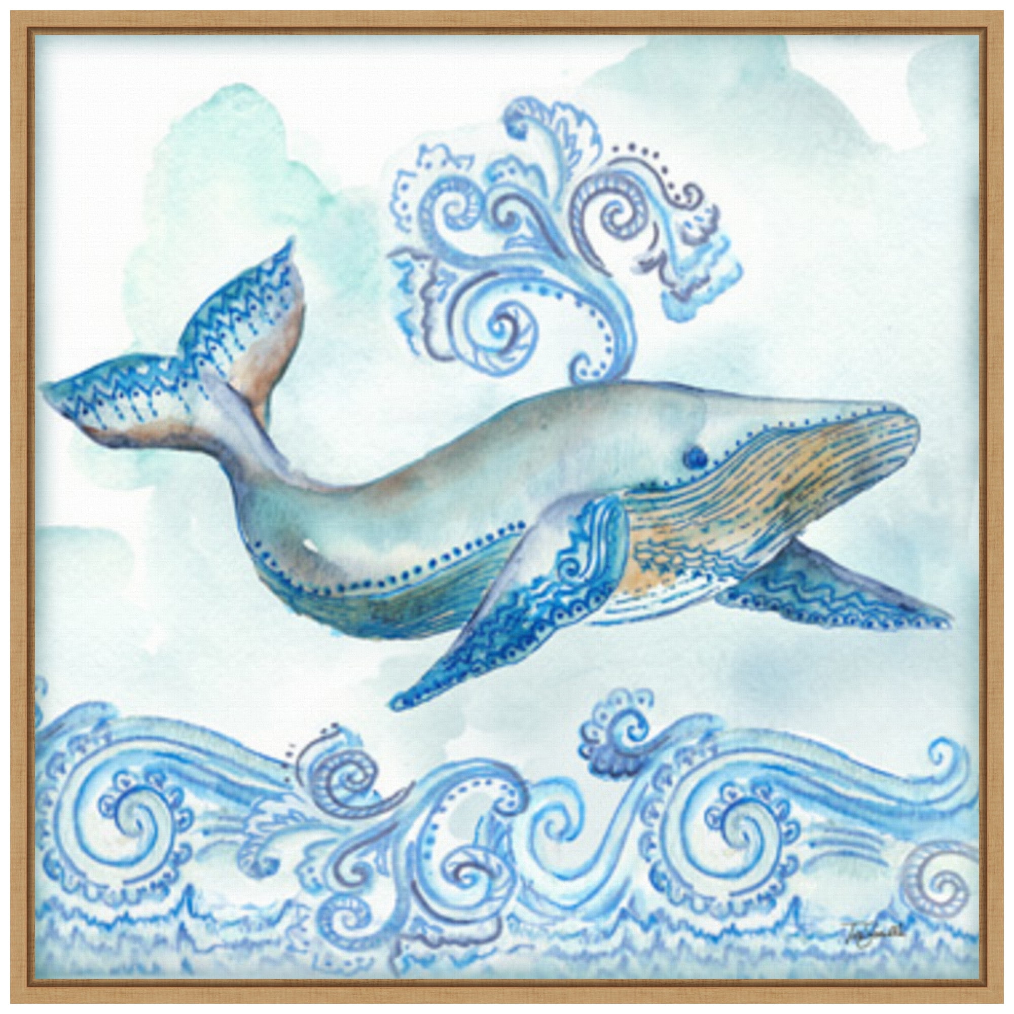 Boho Shells II Whale Blue Canvas Print with Maple Frame
