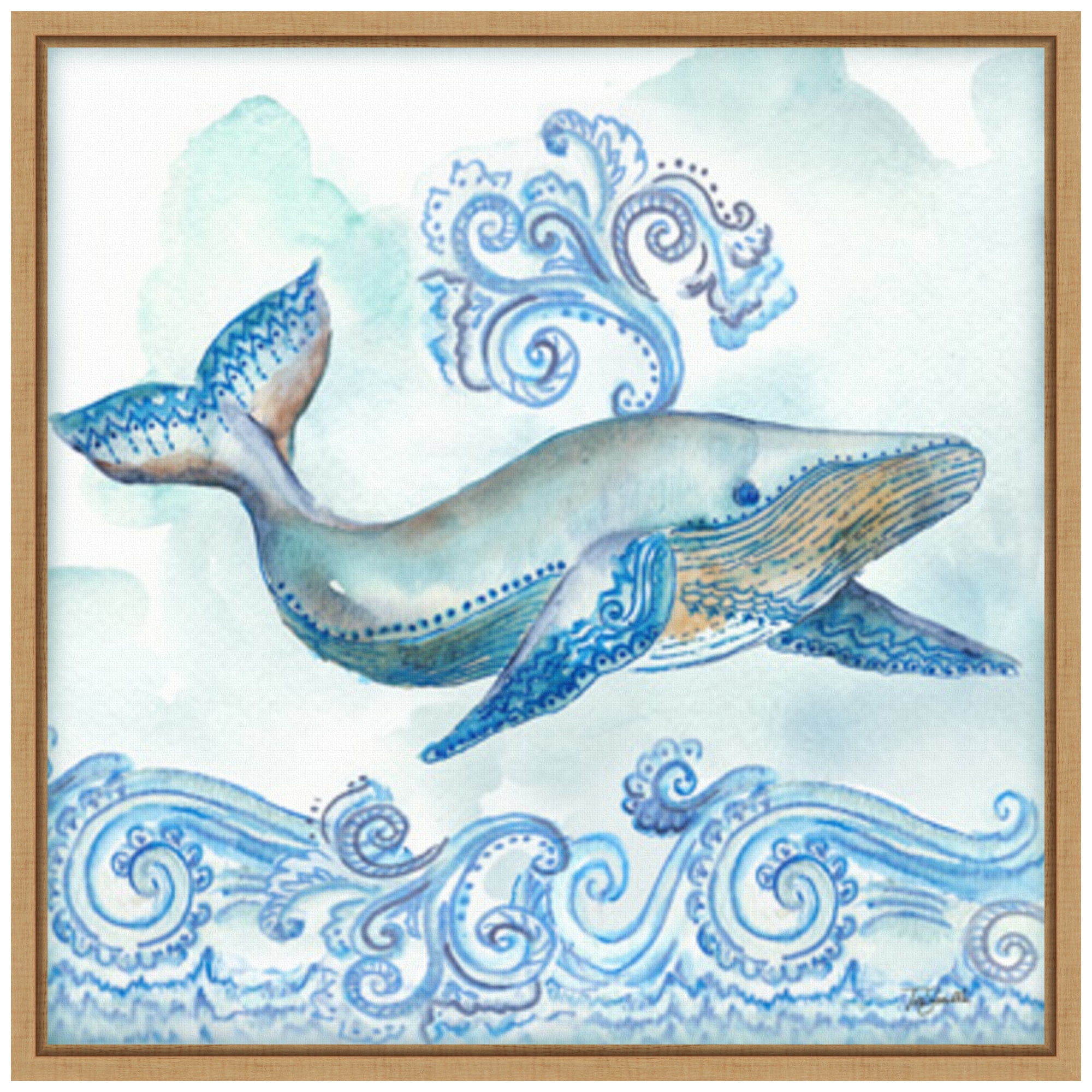 Boho Shells II Whale Blue Canvas Print with Maple Frame